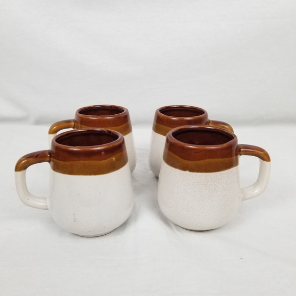 Vintage Other - (4) vintage brown & cream colored pottery mugs with crazing detail.